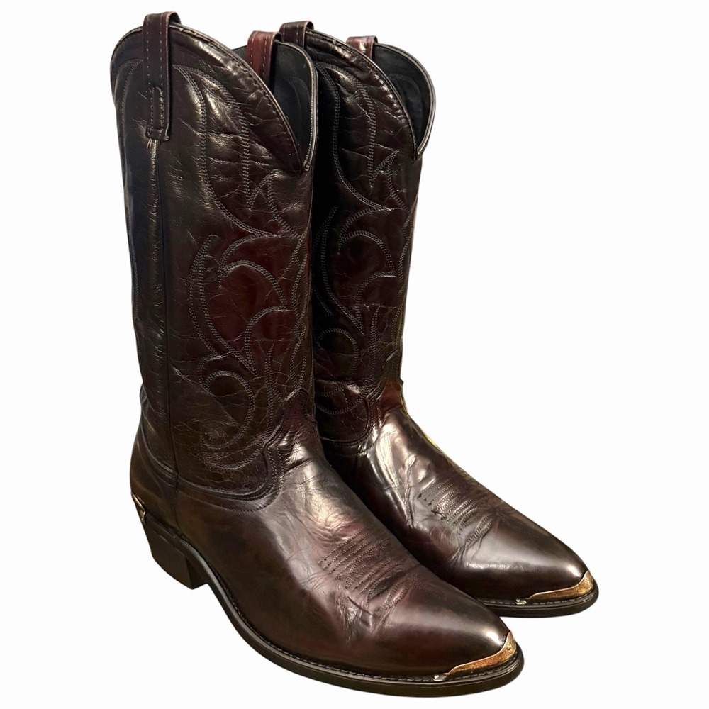 American West Trading Mens 11.5 D Black Cherry Burgandy Cowboy Boots VTG USA